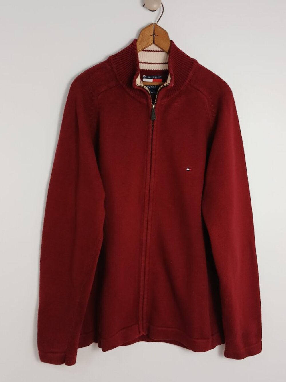 Tommy Hilfiger Men Full Zip Burgundy Sweater Size Large 100% cotton